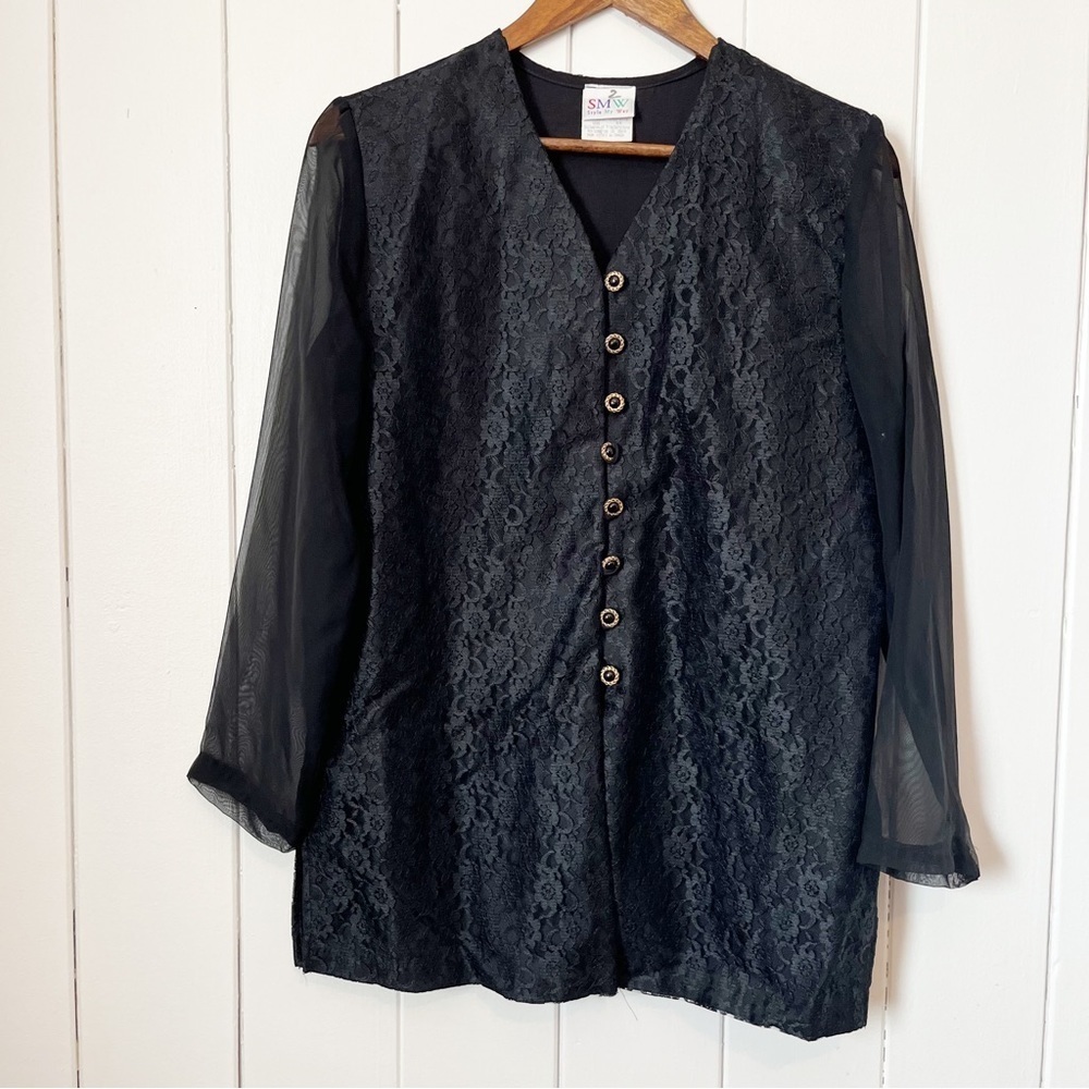 Vintage Style My Way Black Lace Sheer Sleeved Button Down Shirt. Size Medium.